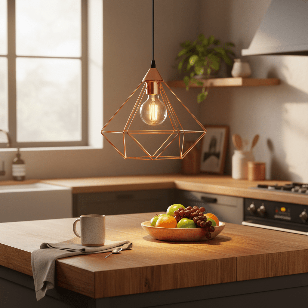Stylish copper pendant light hanging above a wooden kitchen island with a fruit bowl and coffee mug.