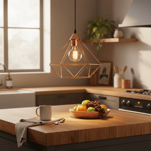 Stylish copper pendant light hanging above a wooden kitchen island with a fruit bowl and coffee mug.