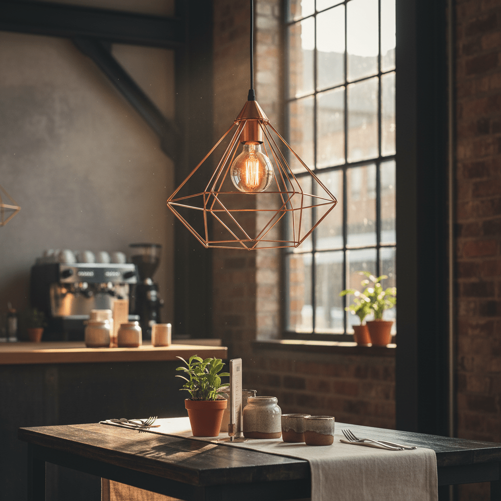 Copper pendant light hanging above a rustic dining table with potted plants and tableware.