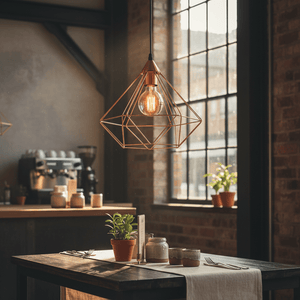 Copper pendant light hanging above a rustic dining table with potted plants and tableware.