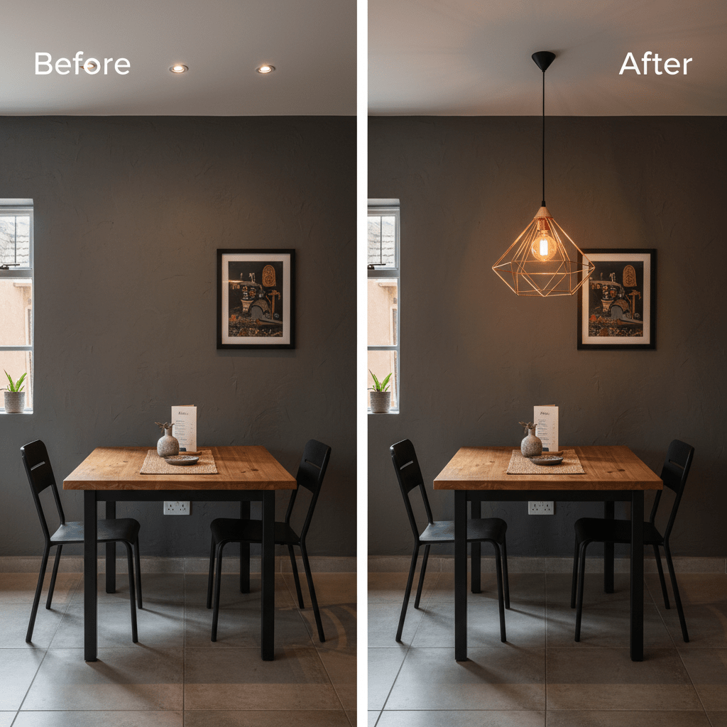 Before and after comparison of a dining area with the Tarbes Copper Pendant Light installed, showcasing improved lighting.