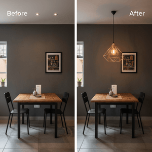 Before and after comparison of a dining area with the Tarbes Copper Pendant Light installed, showcasing improved lighting.