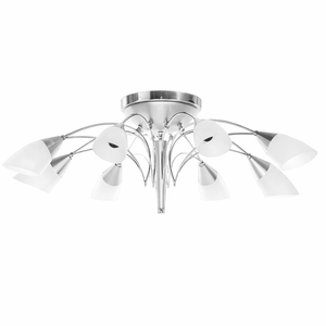 Ceiling light fixture with multiple white lampshades on a white background