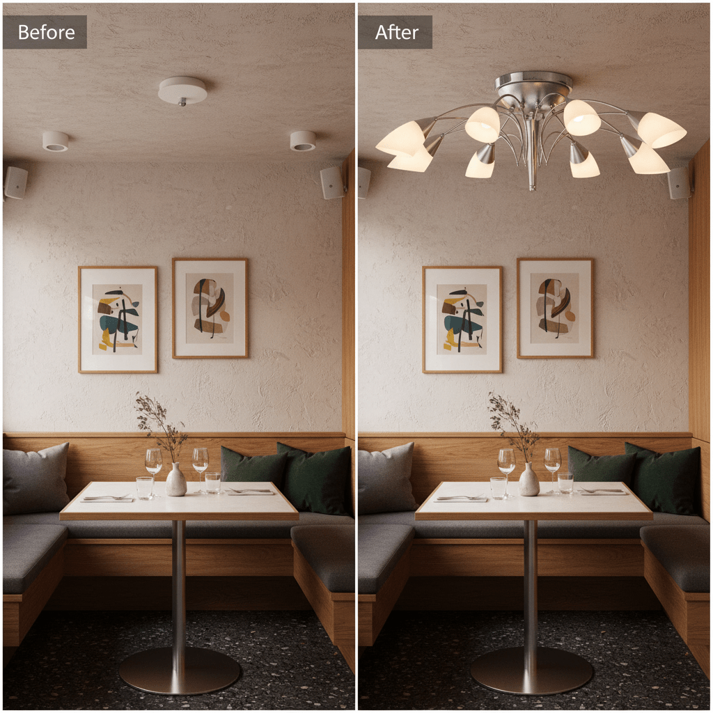 Comparison of dining area lighting before and after installing a satin chrome flush mount pendant.