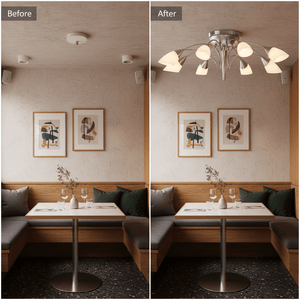 Comparison of dining area lighting before and after installing a satin chrome flush mount pendant.