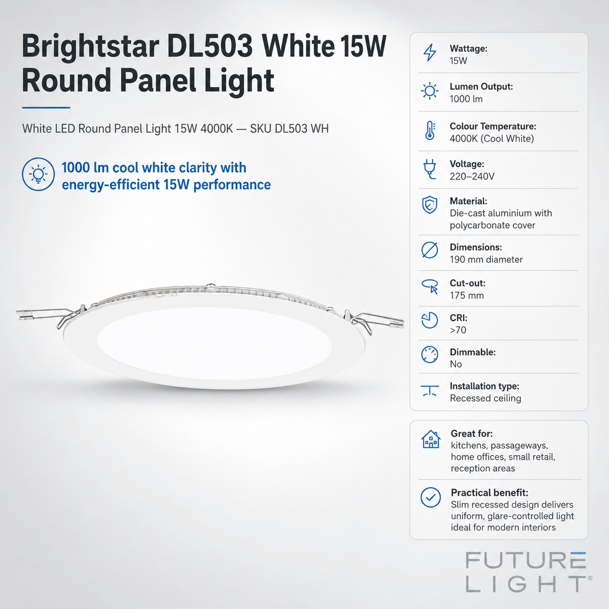 White LED Round Panel Light 15W 4000K - 190mm