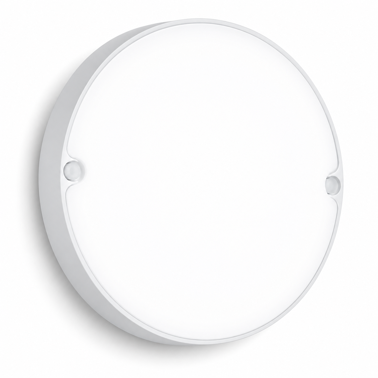 Round white light fixture on a white background