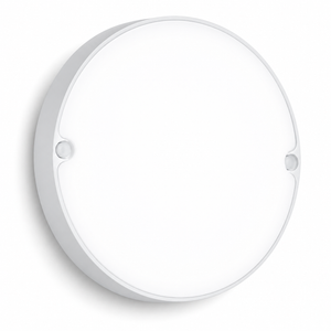 Round white light fixture on a white background