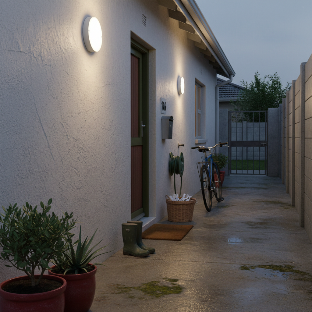Outdoor wall with two white LED bulkhead lights illuminating a pathway beside a house.