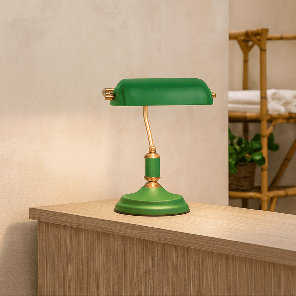 Green desk lamp on a reception desk with text about enhancing a hotel or salon's reception area.