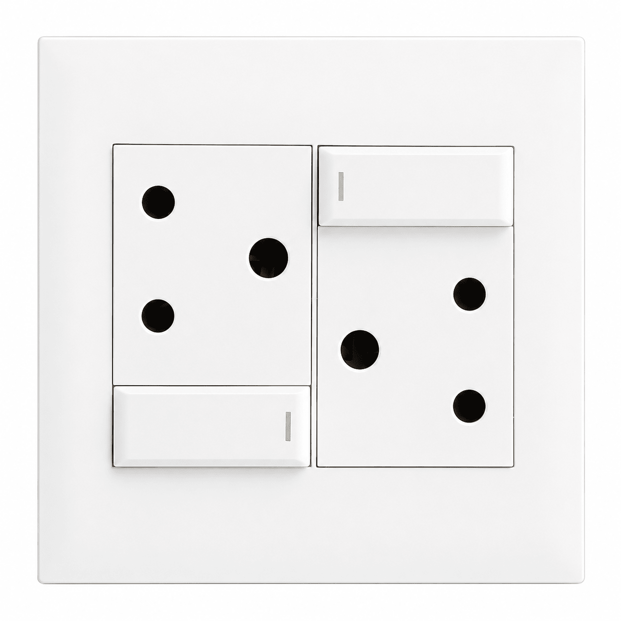 White 4 x 4 double 16A plug socket with two three-pin outlets and two switches