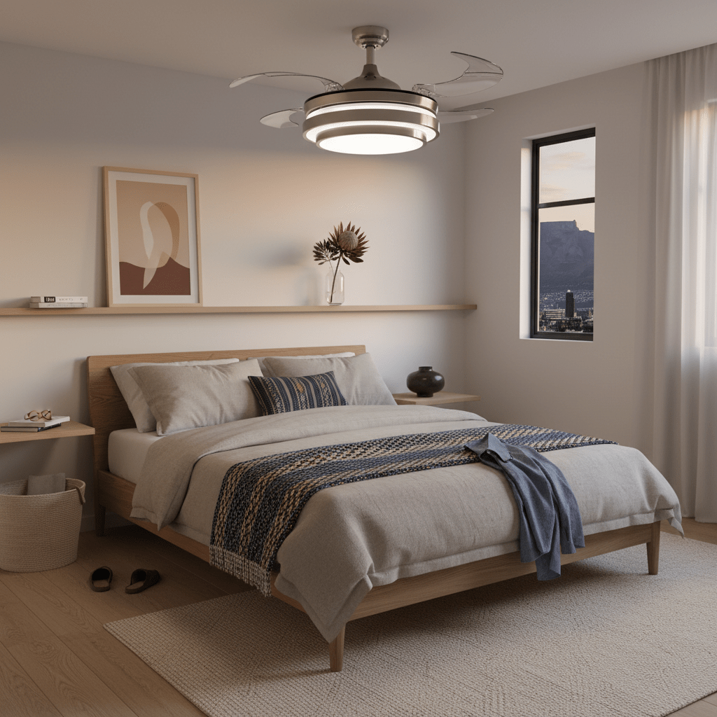 Modern bedroom featuring a satin chrome LED ceiling fan with retractable blades above a neatly made bed.