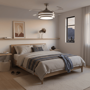 Modern bedroom featuring a satin chrome LED ceiling fan with retractable blades above a neatly made bed.