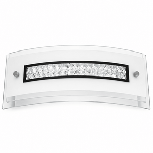 Opal white LED wall light with crystal embellishments, featuring a curved glass design and sleek black trim.
