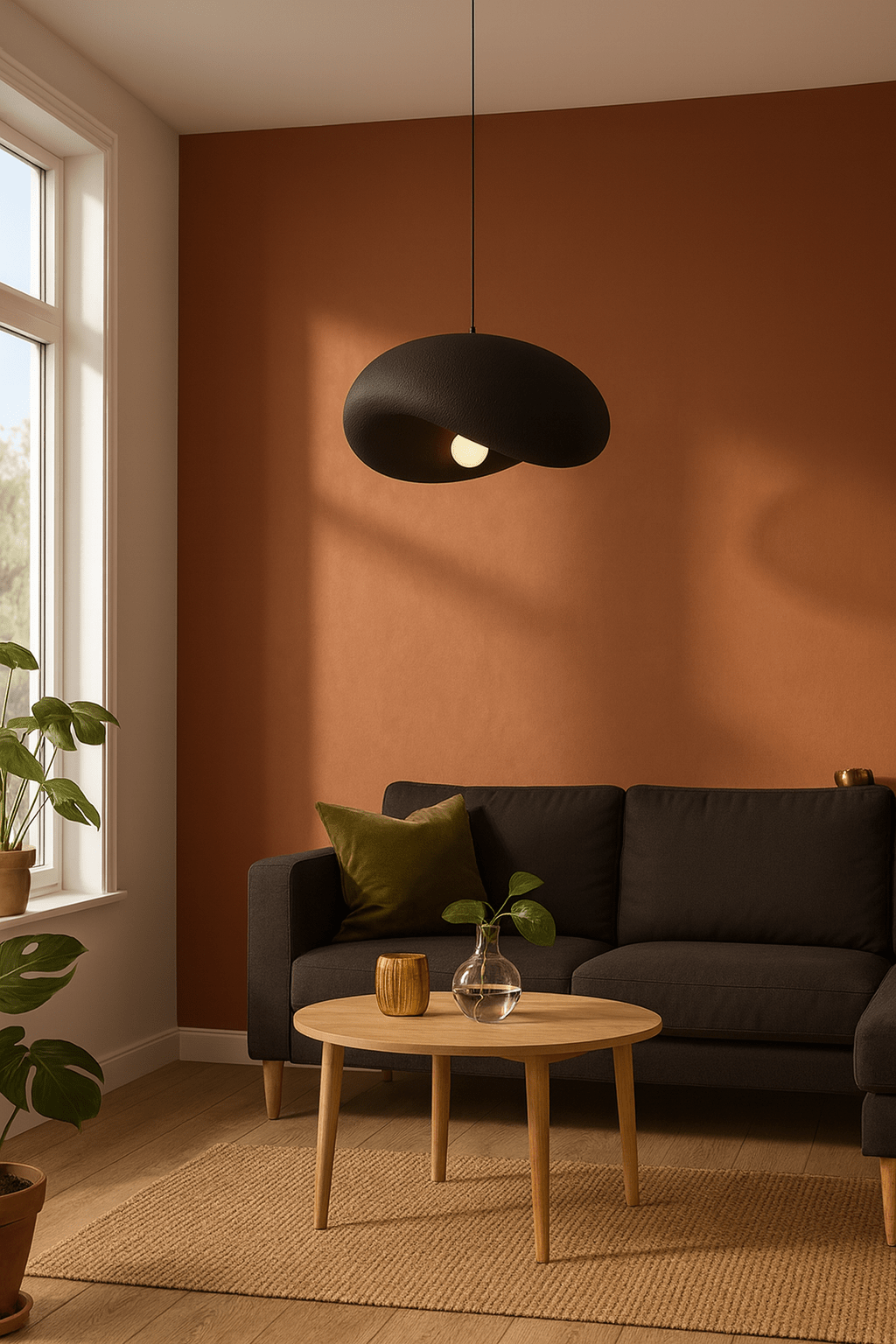 Obsidian Drift 500 Pendant Light hanging above a cozy living room setup with a dark sofa and wooden coffee table.