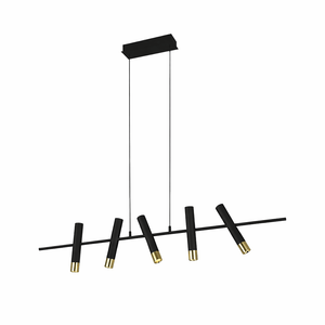 Modern five-light LED pendant in black and gold with a linear design, suspended from a ceiling mount.