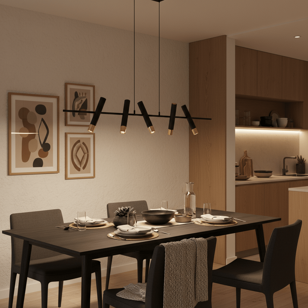 Modern five-light LED pendant in black and gold above a dining table set for a meal.