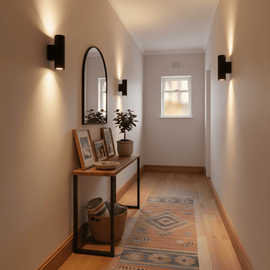 Modern hallway with black wall lights illuminating a console table with decor and a mirror.