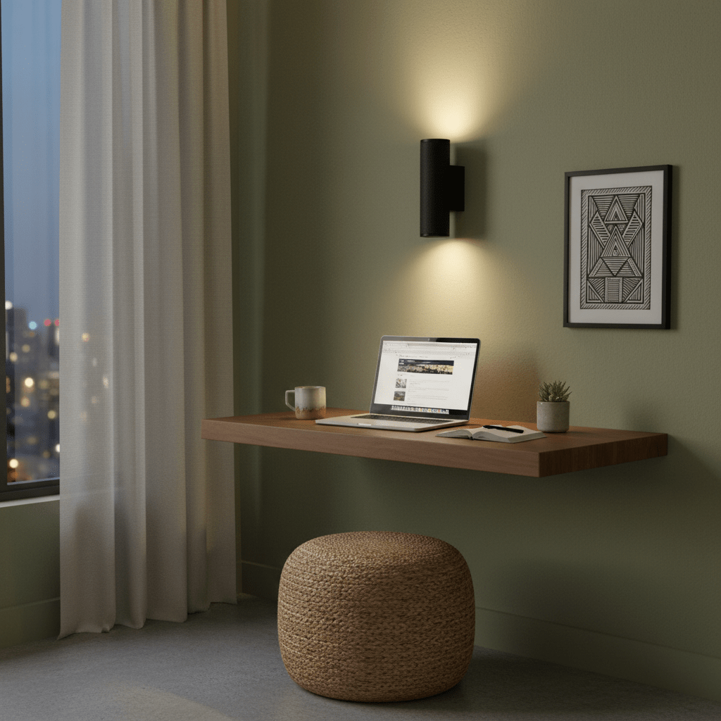 Black wall light illuminating a modern workspace with a floating desk and laptop.