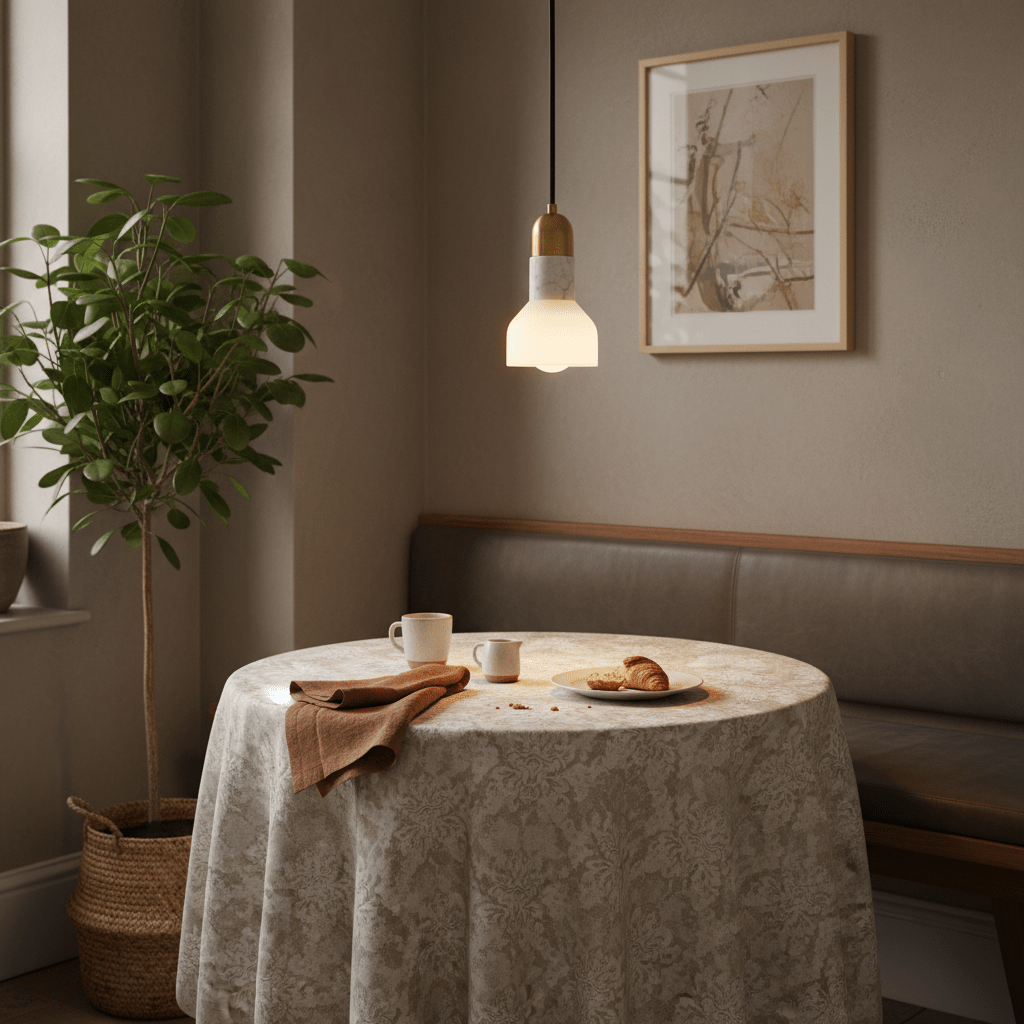 A stylish pendant light hangs over a dining table set with cups and a plate of croissants, surrounded by greenery.