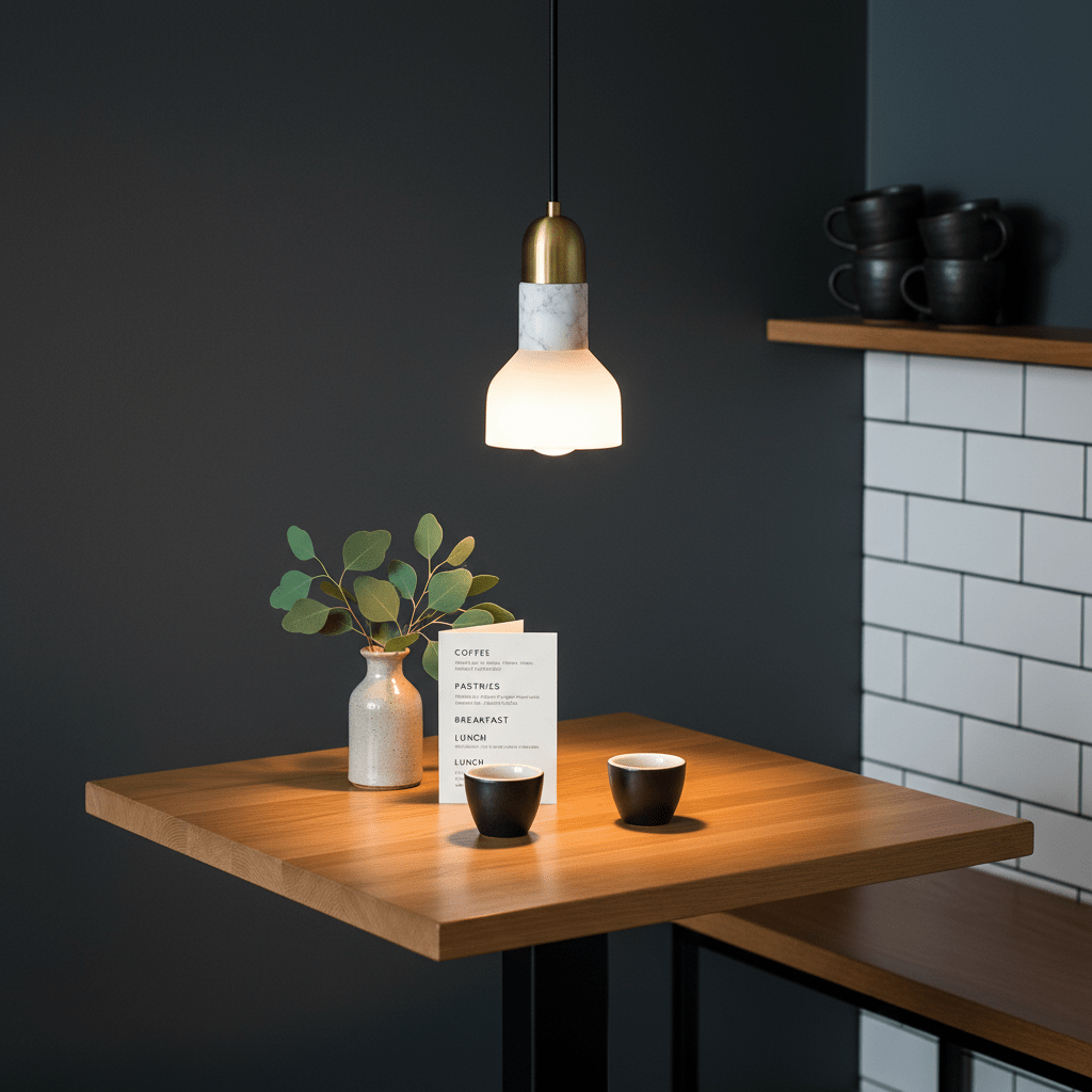 Stylish Retro Y White Marble & Gold Pendant light above a wooden table with coffee cups and a vase.