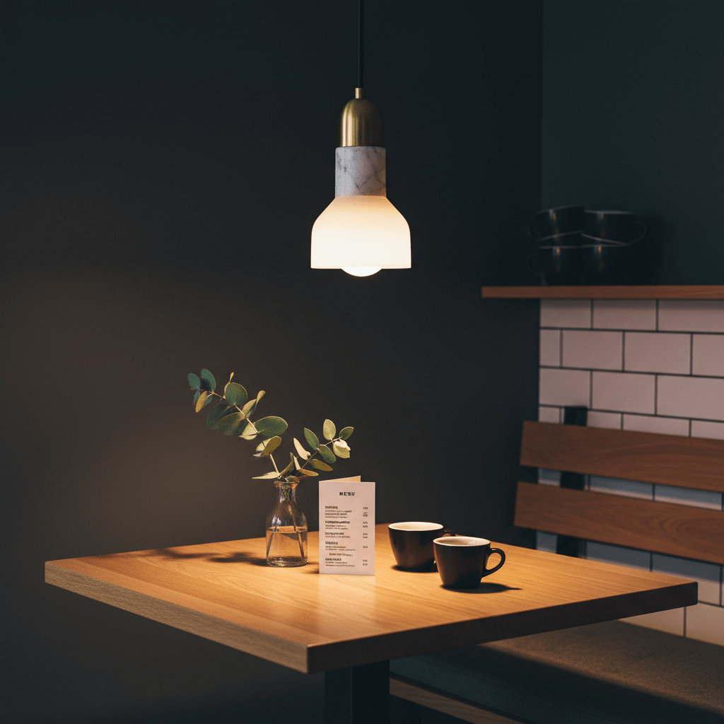 A stylish pendant light with a white marble shade and gold trim hanging over a wooden table with coffee cups and a vase.