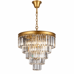 Gold chandelier with clear crystal elements on a white background