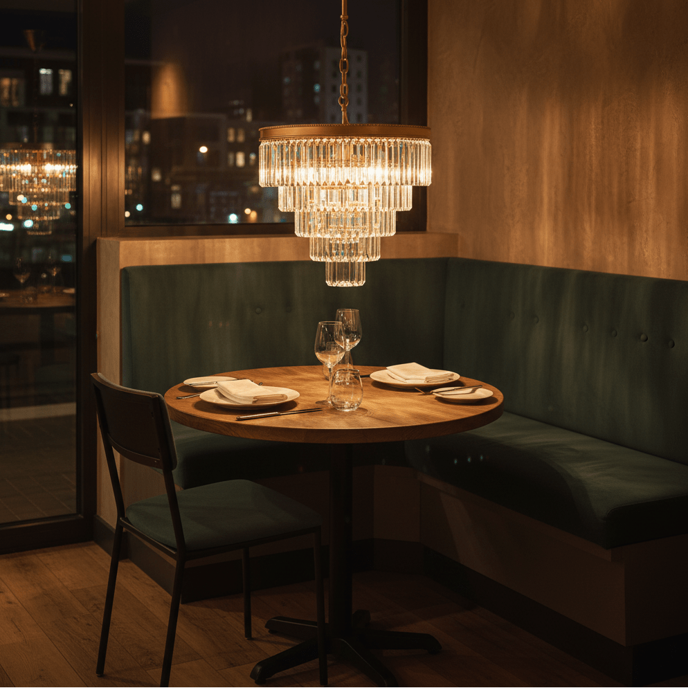 Satin gold 5-tier crystal chandelier hanging above a wooden dining table set for two.