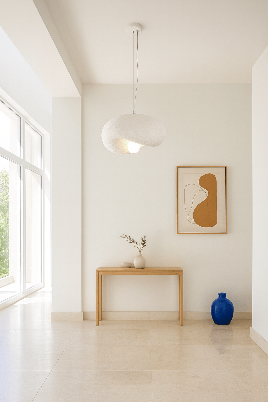 Ivory Drift 300 Pendant Light hanging above a wooden console table with decorative items and artwork.