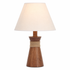 Table lamp with wooden base and rope detail on a white background