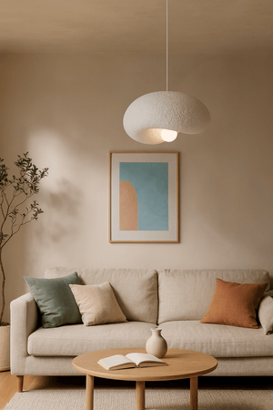 Ivory Drift 300 Pendant Light hanging above a cozy sofa with decorative pillows and a coffee table.