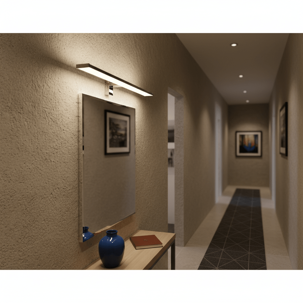 Polished aluminium mirror light above a sleek mirror in a modern hallway setting.