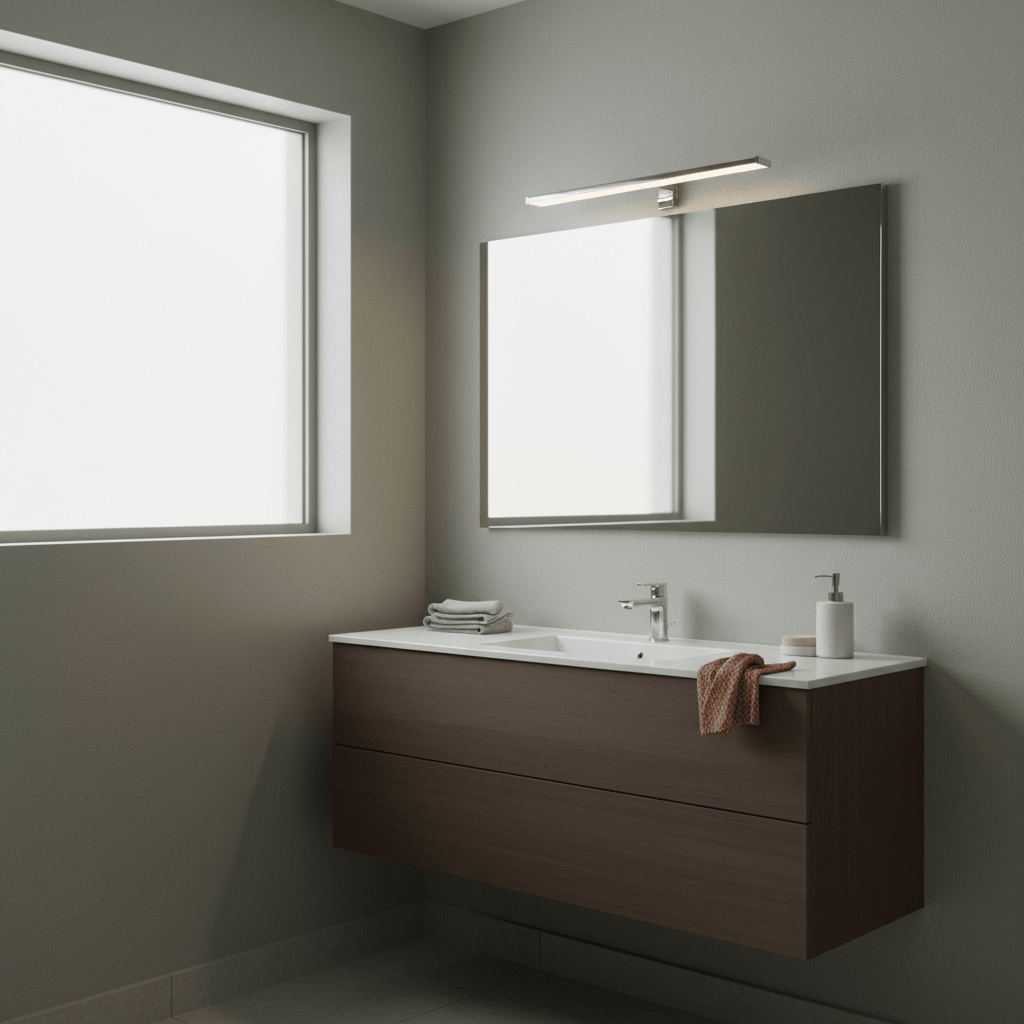 Polished aluminium mirror light above a modern bathroom vanity with a sleek design.
