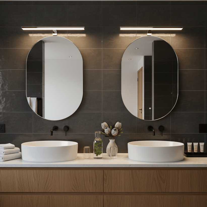 Stylish bathroom scene featuring a polished aluminium mirror light above two oval mirrors and modern sinks.