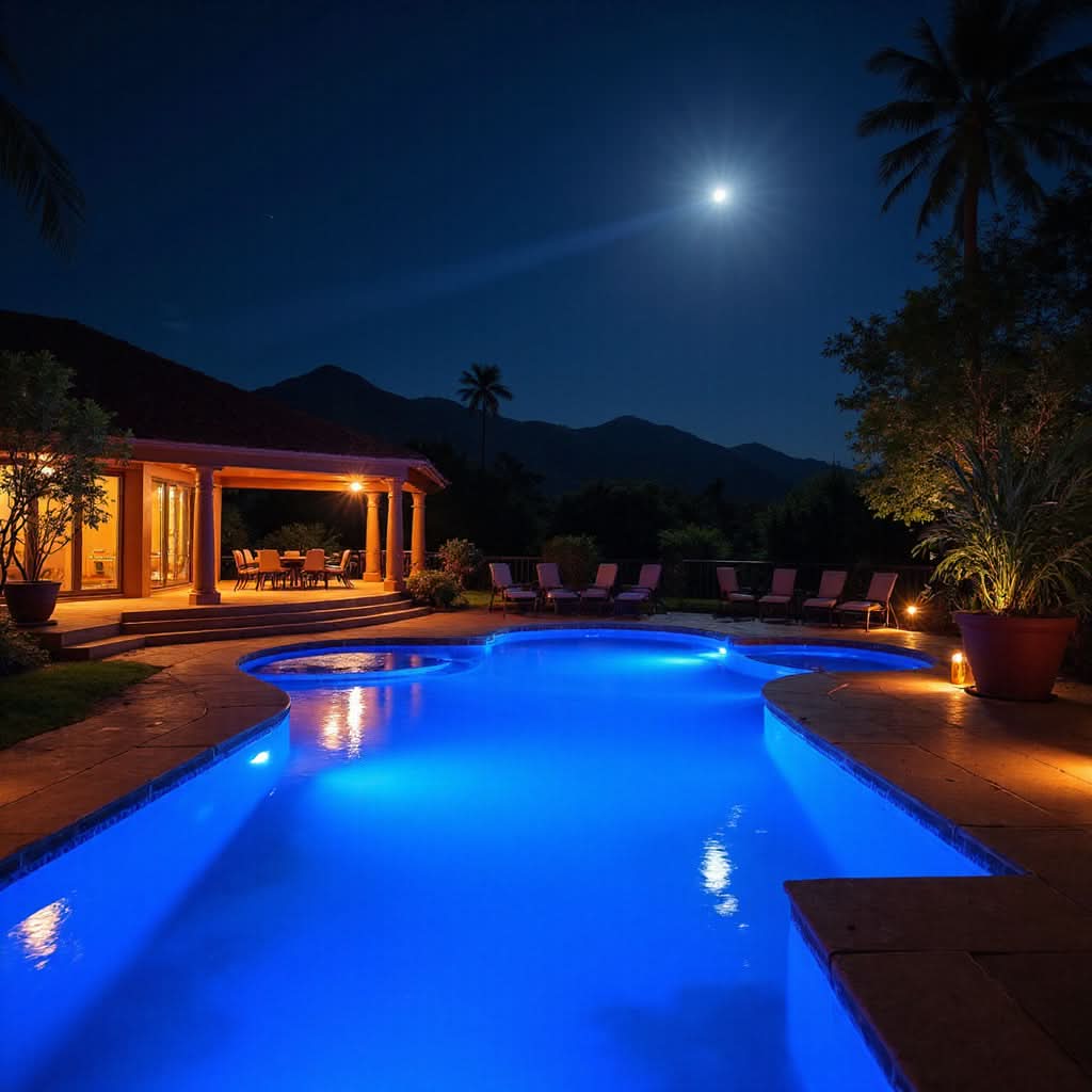 Pool area at night light up with LED pool lights with mountains in the background. 