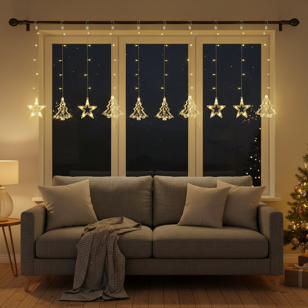 Warm white star and Christmas tree fairy curtain lights hanging in a window above a cozy sofa.