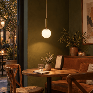 Fizz Pop frosted glass and antique brass pendant in a softly lit café corner