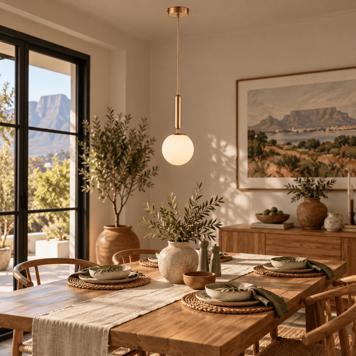 Fizz Pop frosted glass and antique brass pendant over a guesthouse dining table
