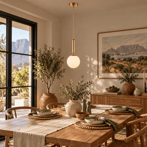 Fizz Pop frosted glass and antique brass pendant over a guesthouse dining table