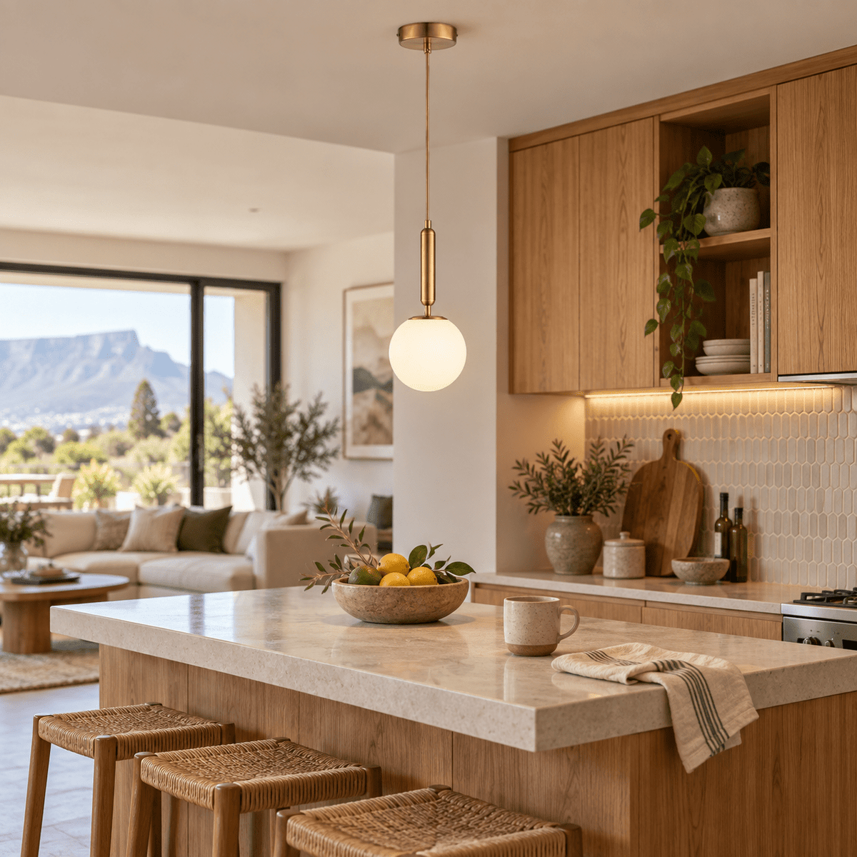 Fizz Pop frosted glass and antique brass pendant over a kitchen breakfast bar