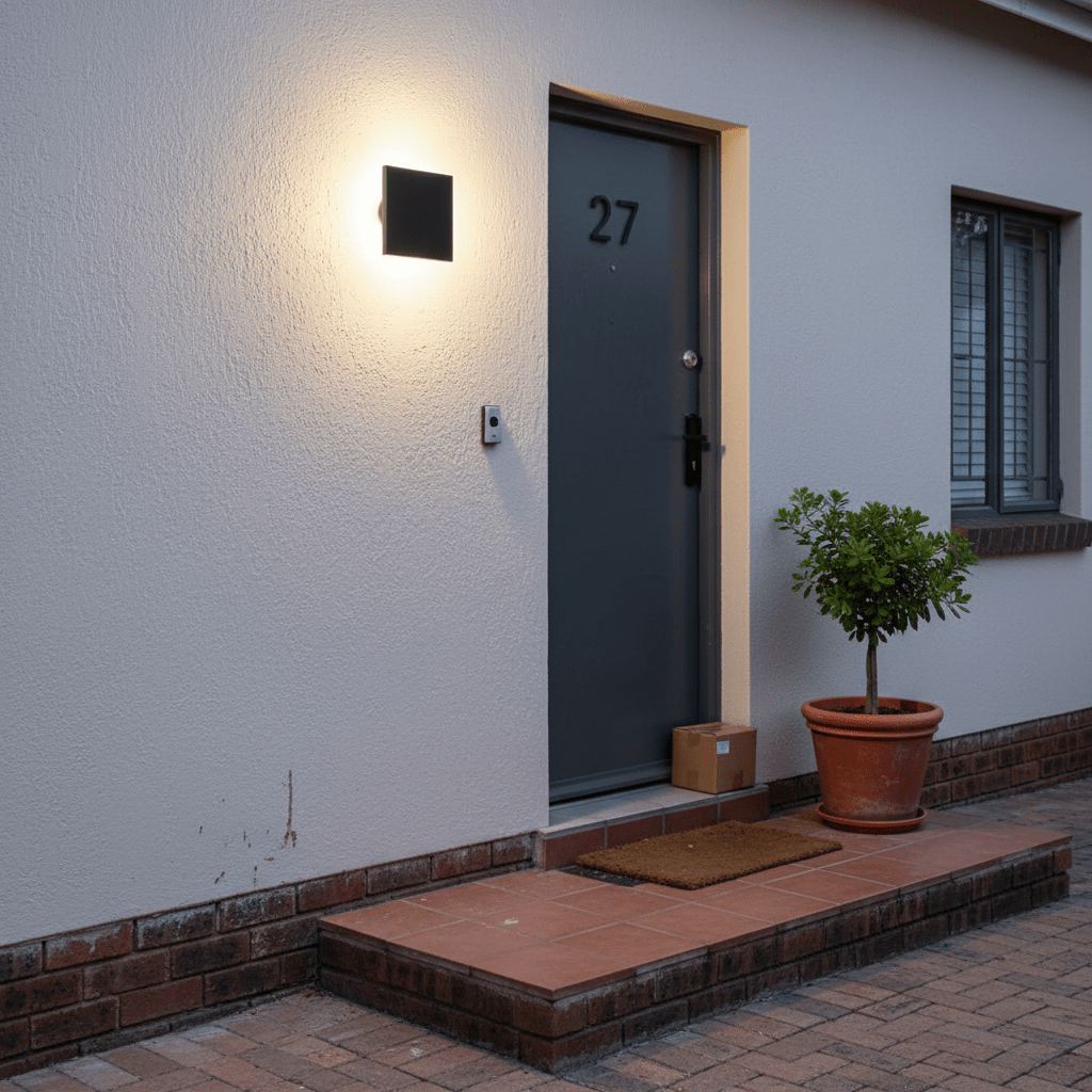 Modern black backlit LED wall light illuminating the entrance of a home with a potted plant and doormat.