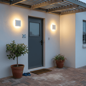 Outdoor scene featuring two square backlit wall lights flanking a grey door, enhancing the entrance ambiance.