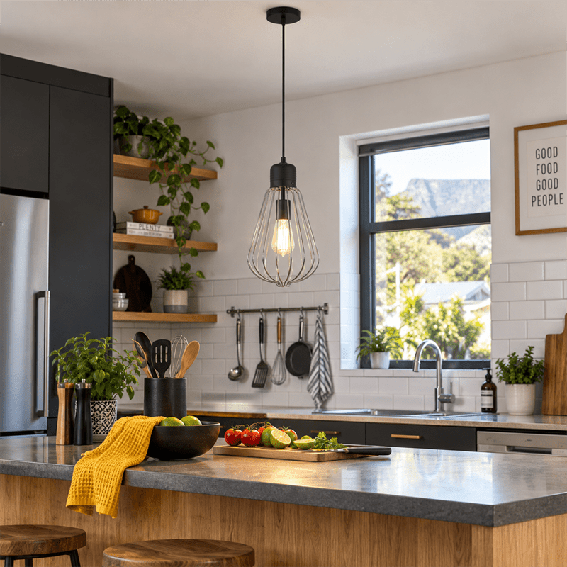 Amaya Black Metal Pendant Light - Modern Chrome Frame shown installed in a lifestyle setting
