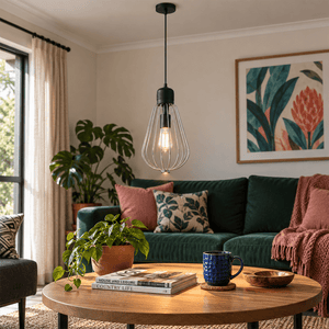 Amaya Black Metal Pendant Light - Modern Chrome Frame shown installed in a lifestyle setting