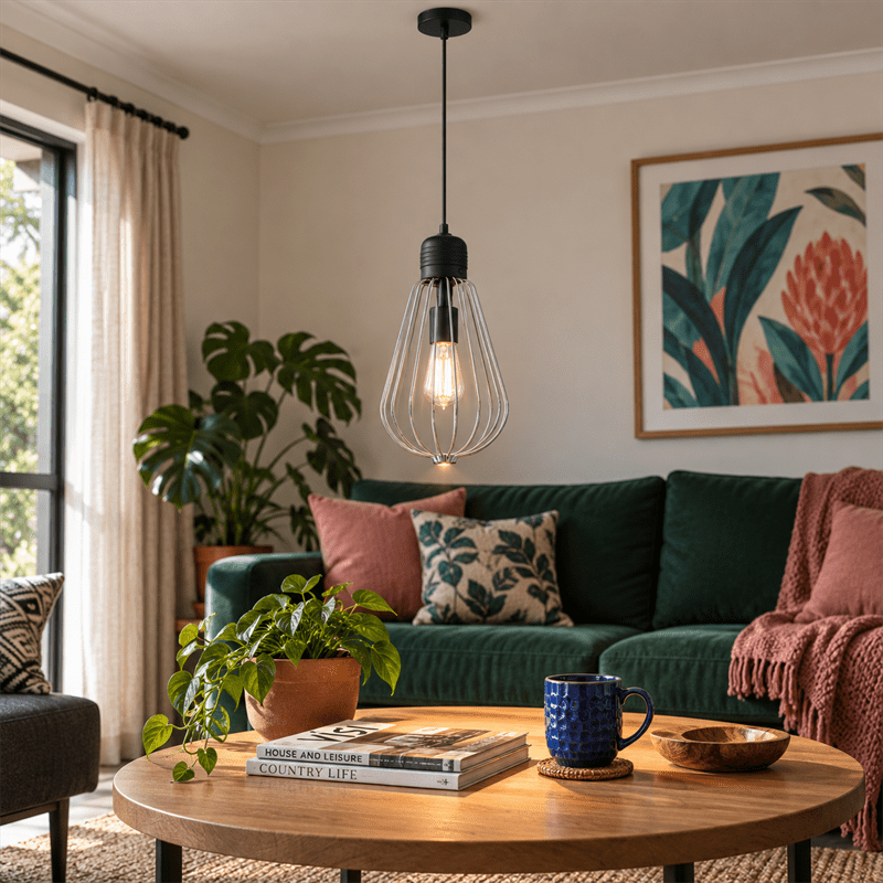 Amaya Black Metal Pendant Light - Modern Chrome Frame shown installed in a lifestyle setting