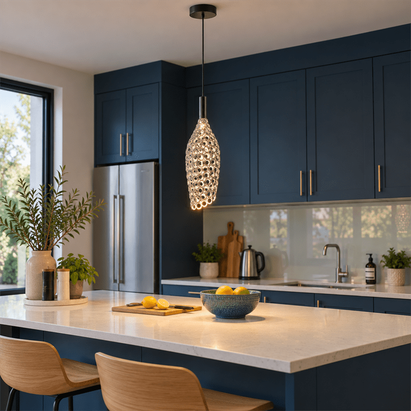 Arlo Chrome LED Pendant Light shown installed in a lifestyle setting
