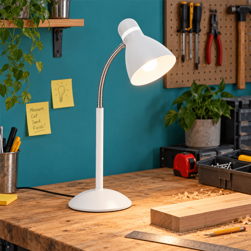 Sophia White Desk Lamp Metal Flexible Arm shown installed in a lifestyle setting