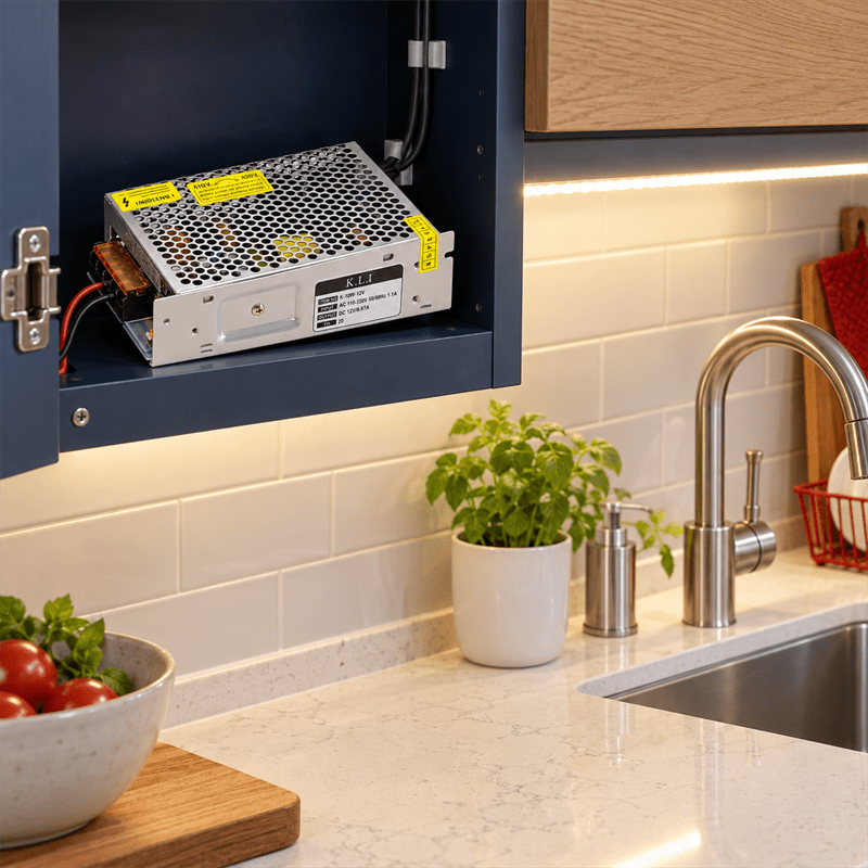 80W LED 12V Power Supply for Strip Light shown installed in a lifestyle setting