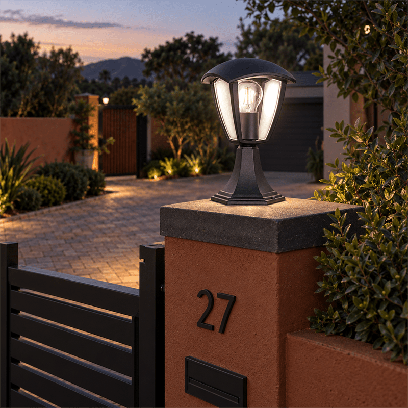 Black Outdoor Pillar Light IP44 shown installed in a lifestyle setting