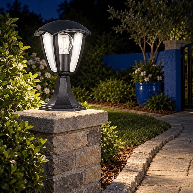 Black Outdoor Pillar Light IP44 shown installed in a lifestyle setting
